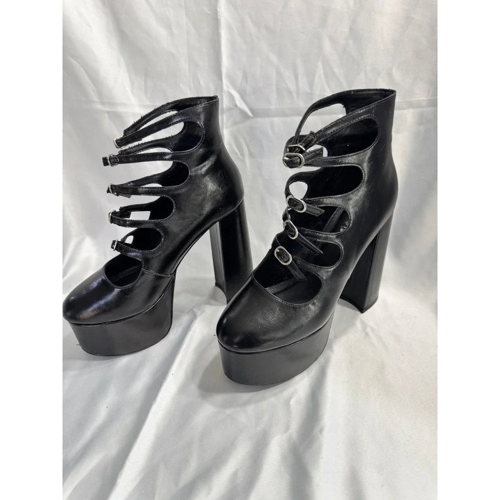 Gothic Black Multi Strap Platform Pumps Silver Buckle Chunky Block Heel Size 9